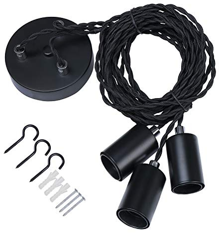 Black Industrial pendant light fitting, 3lights Spider Hanging Chandelier with adjustable 3M twisted braided cable, Retro industrial Cluster Fittings E27 Lamp Holder-Black/1010-3LT