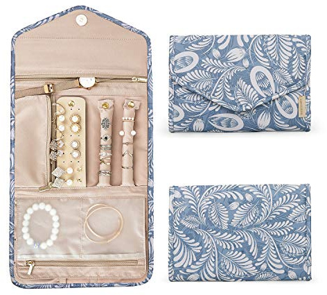 BAGSMART Travel Jewelry Organizer Roll Foldable Jewelry Case, White Leaf