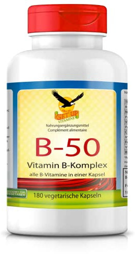 Get UP® Vitamin B-50 Komplex - 11 hochdosierte B-Vitamine & B-Ähnliche - 180 Kapseln (½ Jahr) - Vitamin B1, B2, B3, B5, B6, B12, Biotin, PABA, Folsäure, Cholin & Inositol - vegetarisch & laborgeprüft