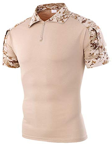 Zhiyuanan Taktiska militära t-shirts, smal passform kortärmad slag knapp kamouflage stridsskjorta med dragkedja andningsbar airsoft jakt skog, Digital Desert, XXL
