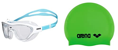 ARENA The One Mask Junior Occhialini Nuoto Anti-Appannamento per Bambini, Maschera Piscina con Grandi Lenti, Protezione UV & Classic Silicone Jr, Cuffia per Bimbi Unisex Bambini, Verde
