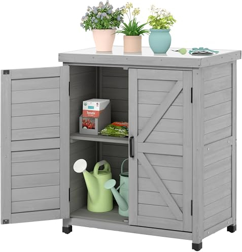 SoliWood Gartenschrank Wetterfest Outdoor, Outdoor Schrank aus Holz mit Metallplatte als Pflanztisch und Gartenarbeitsplatz für Terrasse Balkon und Garten 91 x 78 x 43 cm.