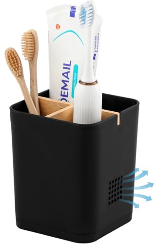 Electric Toothbrush Holder 3 Slots Tooth Brushing Holder with Bamboo Dividers for Bathrooms, Plastic Toothbrush and Toothpaste Organizer for Shower, Countertop, Vanity, Black