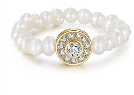 Bellitia Jewelry Damringar pärlringar vit äkta 925 sterling silver elastisk pärlring högkvalitativa sötvattensodlingspärlor ringar för kvinnor med kubisk zirkonia, Pärla