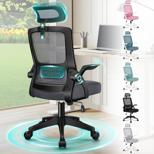 ALFORDSON Sedia da Ufficio Scrivania Ergonomica, Con Braccioli Pieghevoli, Sedile Imbottito e Schienale in Rete Traspirante, Girevole con Ruote, Funzione Oscillante, Portata 180 kg(Grigia scura)