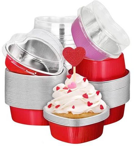 mumisuto Set di 50 tortiere a forma di cuore con coperchio, vaschette alluminio, teglie alluminio usa e getta, stampi per cupcake, vassoi usa e getta in foglio di alluminio, festa dei bambin