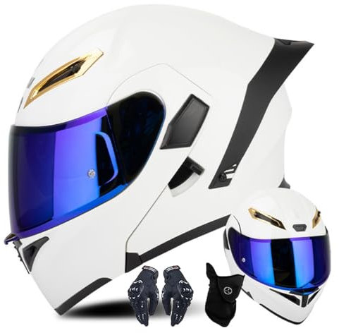 CNNGU Modularer Motorradhelm Schwarz/Weiß ECE/DOT Geprüft Flip Up Helm Mit Handschuhen Und Gesichtsschutz, Doppelvisier, Erwachsener Helm Für Männer Und Frauen
