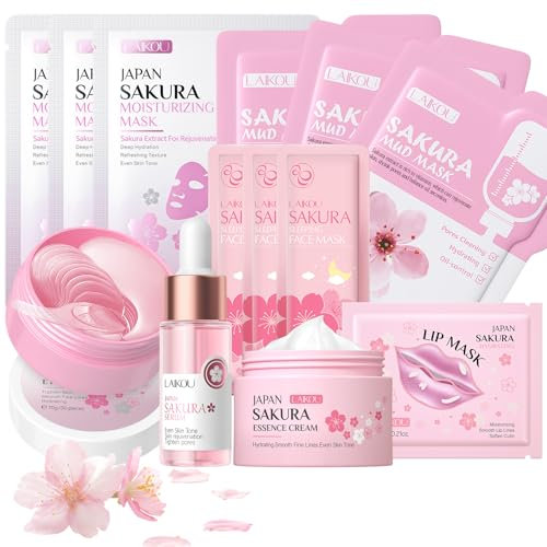 LAIKOU Kit per la Cura Della Pelle Sakura, Mini Size da Viaggio Prodotti Skincare, 13 Pezzi Kit Idratante Viso con Maschera Crema Siero Maschera Occhi Maschera Labbra
