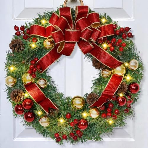 Christmas Wreaths for Front Door with Bow, 16 Christmas Door Wreath with Balls Berries & Pine Cones, Christmas Wreath for Door Home Wall Outdoor Decor
