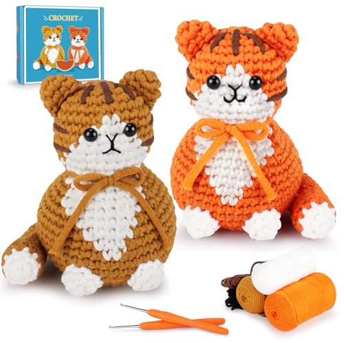 Fortuning's JDS Cat Crochet Kit for Beginners Kitten Knitting Kit Crochet Animal Kit Complete Crochets with Video Tutorials Orange Cat Knitting Cats Kits New Learning Starter Kit Animal Set Beginners