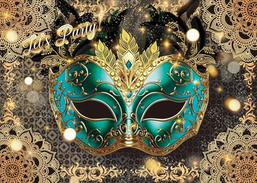 Masquerade Ball Backdrop Mardi Gras Carnival Glitter Gold Green Background Banner Masquerade Theme Birthday Party Decorations Supplies (8x6FT（240x180cm）)