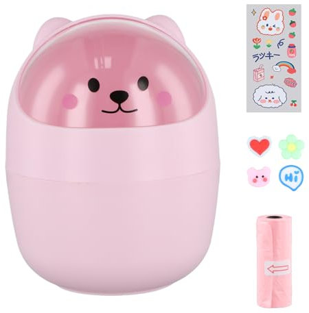 Cestino da Scrivania, Mini Leggero Pattumiera da Tavolo, Portatile Piccola Cestino da Tavolo Plastica con Coperchio, Rimovibile Portapenne Simpatico (Rosa+adesivix2 tipi+sacco della spazzatura)