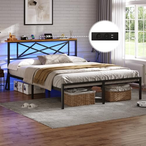 DICTAC Bett 140x200cm mit LED Beleuchtung, Bettgestell 140x200cm mit Steckdose und 2 USB-Ladefunktion, Metallbett mit Holzkopfteil Stauraum, Bettrahmen mit Stauraum unter dem Bett, Höche 32