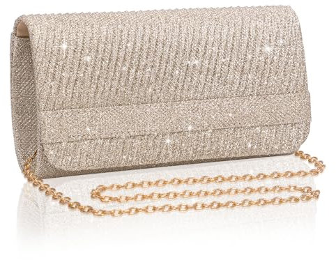 Larcenciel Clutch Rosé Gold, Glitzer Damenhandtasche mit Abnehmbarer Kette, Twill Streifen Pailletten Umhängetasche, Mode Crossbody Tasche, Elegante Abendtasche für Hochzeit, Party, Bankett 20x11x6CM