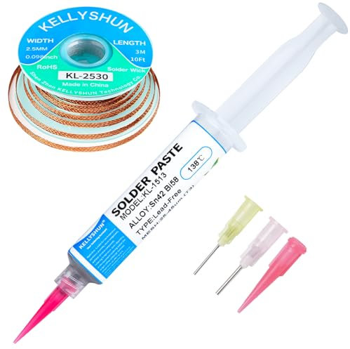 KELLYSHUN Pâte À Souder Sn42% Bi58%, Pâte À Souder Sans Plomb À 138°C 30g (1 Pièce), Tresse à Dessouder 2.5MM/3M (1 Pièce), Convient Aux Téléphones Mobiles, BGA, SMD, PCB, Réparation Électronique