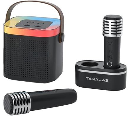 TANALAZ Nuevo Máquina de Karaoke con 2 Micrófonos Inalámbricos y Base, Altavoz Bluetooth con Luces LED y Efectos de Voz, Regalo para 3-12 Años Niños/Adultos de cumpleaños de Navidad Familia Fiesta