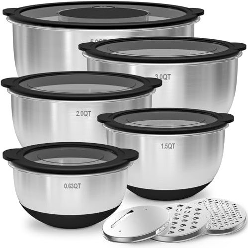 Deedro Edelstahl-Schüsseln mit Transparentem Deckel [5er Set], 4.7L/2.8L/1.9L/1.4L/0.63L – Rührschüssel, Salatschüssel, Schüsselset, Schwarz | rutschfest, stapelbar, Spülmaschinenfest | inkl. Reibe