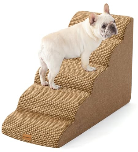 Gardner Husdjurs-hundtrappor för små hundar 58 cm H, 5-steg bruna böjda husdjurstrappor, hundsteg för hög säng, soffa (61–76 cm) med hållbart halkfritt vattentätt tygskydd och CertiPUR-US-certifierat