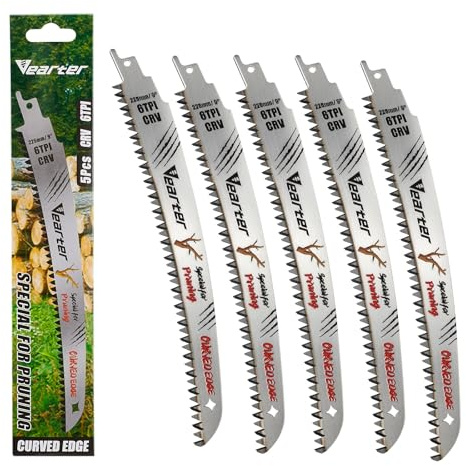 Vearter 9''(225mm) Reciprocating Saw Blades Japanese Teeth 5PCS, 6TPI Cr-V Reciprocal Saw Blades for Trees with Triple-Ground Offset Teeth, Curved Edge Recip Saw Blades for Trimming and Wood Cutting