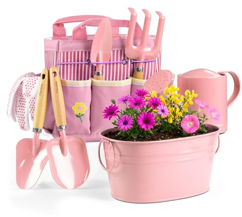 Floraxa 8Pcs Kids Gardening Set with Metal Basket & Real Metal Tools, STEM Outdoor Exploration Kit, Ergonomic Wooden Handles, 3 Shovels, Rake, Watering Can, Gloves, Toy Gift for Toddler Boys Girls