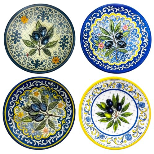 BY SIGRIS Adorno de Pared Cerámico Diseño Olivo y Lavanda, Decoración para Hogar, Set de 4 Platos Decorativos, Estilo Mediterráneo