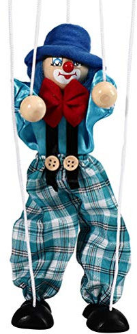 Chrees Clown Pull String Docka Vintage Clown Hantverk Leksak Gemensam Aktivitet Docka Trä Marionettdocka Trä Puppet Hängande Prydnad med Ljus Färgglad Design för Bebisar Barn Xmas (blå)