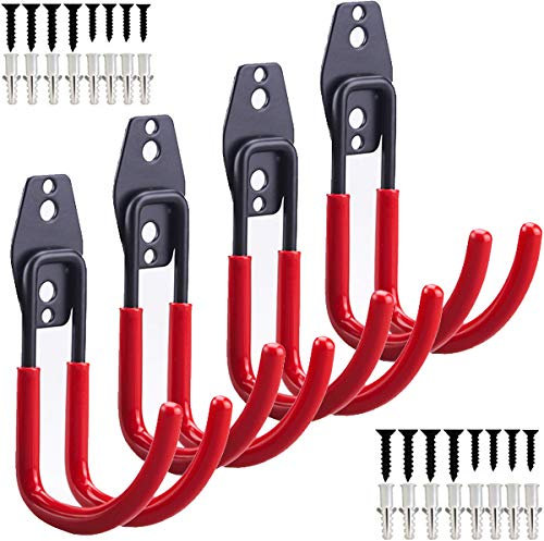JMYDecor - Ganci da garage, confezione da 4 ganci doppi, supporto da parete in ferro resistente per attrezzi per la casa, la scala, la bicicletta, Rosso, 4Pack 4.1 J Hooks