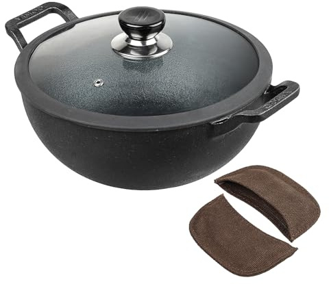 Vinod Legacy Pre-Seasoned Cast Iron Wok (Kadai) with Glass Lid,Deep Frying Pan Wok for Cooking, Non-Stick Cookware,Induction & Gas Compatible, Safe Grip Handle, Black (22cm. Diameter Black with Lid)