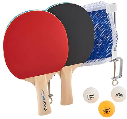 GEWO Free TIME Schlägerset - Komplett-Set mit Zwei Tischtennis-Schlägern, Tischtennis-Netz und Bällen - 2 Schläger FUNline, Griff konkav, Mobile Netzgarnitur mit Klemmen und 3 TT-Trainingsbälle 40+