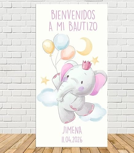 Cartel de bienvenida de Bautizo de Elefanta 140x70cm|Divertido y económico|Detalle de bautizo|Decorado bautizo| Personalizable