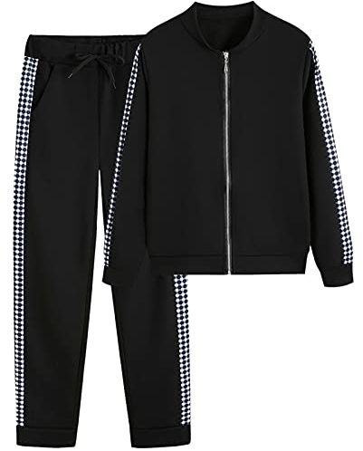 amropi Donna Tuta Sportiva Set a Quadri Maniche Lunghe Felpa e Jogging Pantaloni (Nero, 3XL)