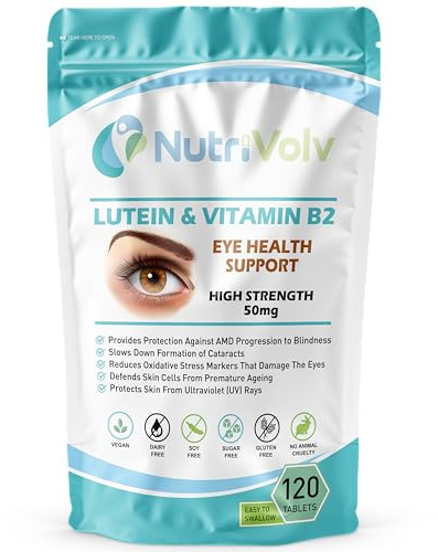 Pure Eye Support Tablets with Lutein and Vitamin B2 — 50mg Easy to Swallow Pills for Better Vision and Eyecare — Pack of 120 Vegan Eye Supplements for Men and Women