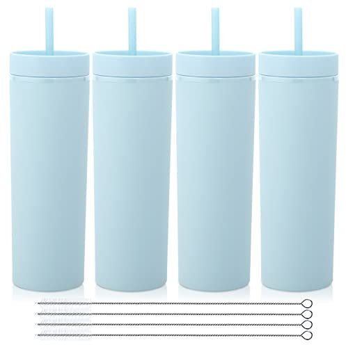 Volhoply 600ml Tumbler en Plastique Réutilisables Lot de 4,Tasse en Plastique à Double Paroi avec Couvercle et Paille,Gobelets à Café en Acrylique de Matte Libre BPA pour Soirées,Cadeaux(Bleu,4 Set)