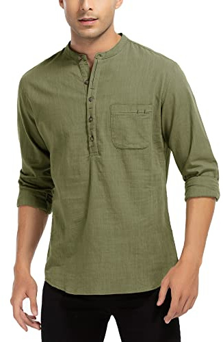 WAZZAP Camisas Hombre Lino Manga Larga Casual con Botones Hippie Playa Henley Camisa