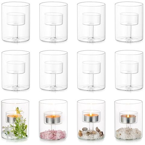 Glasseam Teelichthalter Glas für Votivkerzen, Zylinder Kerzenhalter Teelicht 12er für Hochzeit Tischdeko, Modern Kerzenglas Glaszylinder mit Boden Deko Weihnachten, Teelichter Gläser für Kerzen Set