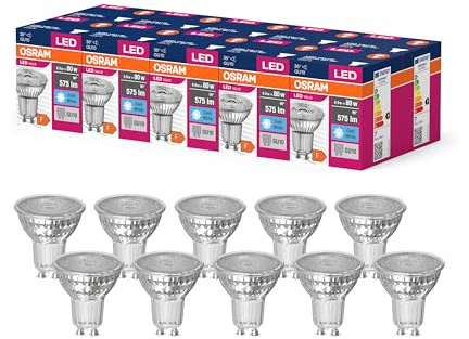 OSRAM Valor de estrella LED de PAR16 Lámpara LED para base Gu10, lámpara reflector, GL, 575 lúmenes, blanco frío (4000k), reemplazo de bombillas convencionales de 80W, no dimmables, 1 paquete de 10