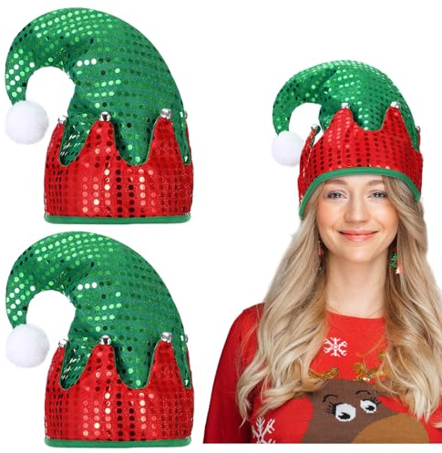 Panitay 3 Pcs Christmas Elf Hat Unisex Felt Sequin Santa Hat with Bells Xmas Glowing Felt Holiday Party Costume