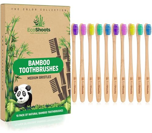 EcoShoots Bambus-Zahnbürsten für Erwachsene mit mittleren Borsten, umweltfreundlich, biologisch abbaubar, natürliche Zahnbürste, plastikfrei, BPA-frei, 10 Stück