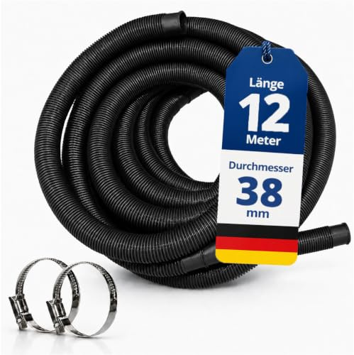 HAF högkvalitativ poolslang 38 mm svart 12 meter för trädgård och pool | solslang inkl. 2 x slangklämmor i rostfritt stål | poolslang | pumpslang – kvalitet: Tillverkad i Tyskland