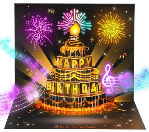 APOTODITO Birthday Cards for Men, 3D Pop Up Card with Music and Light, Birthday Cards with Interactive Blowable Candle, Birthday Gifts for Men Him Husband