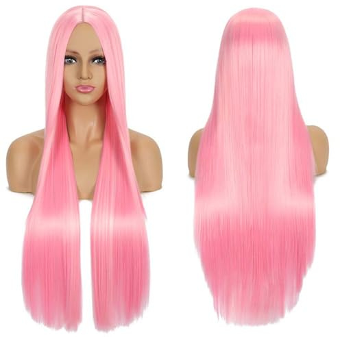 Fouriding 80cm Perruque Cheveux Longs Raides avec Paroi Centrale pour Femme Party Halloween Couvre-chef Quotidienne (Rose)