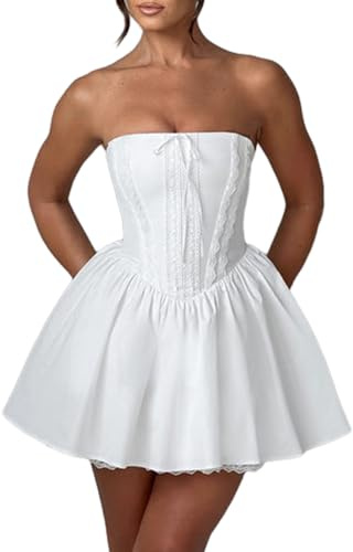 FeMereina Women's Strapless Corset Mini Dress Lace Trim Solid Color Tube Top Dress Pleated A-line Bandeau Bustier Dress (White, M)