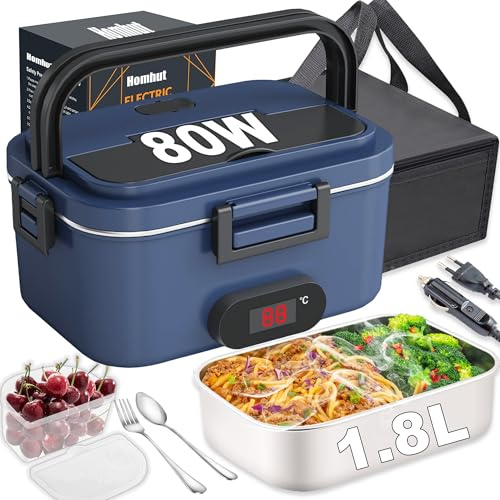 Homhut Scaldavivande Elettrico Portatile Display Temperatura 80W Lunch Box Elettrico 1.8l Elettrico Portavivande Contenitore 12/24/230V Porta Pranzo Elettrico Per Ufficio/Camion/Auto Borse(Blu)