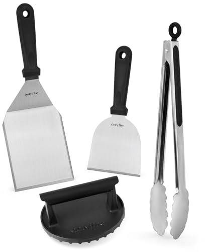 onlyfire Set di Spatola 4pcs Kit Utensili Barbecue per Teppanyaki, Smash Burger Pressa per Hamburger in Ghisa, Spatola per Piastra, Raschietto per Barbecue e Pinze da Cucina, Kit Utensili Barbecue