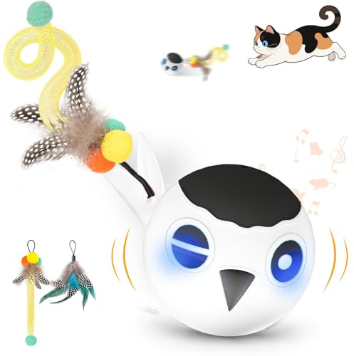 Zeepet Interactive Cat Toys for Indoor Cats Adult, Cat Ball Toy for Kitten, Automatic Moving Ball for Puppy Small Dog with 2 Feather Tails, 4 Mode Motion Touch Activation, Multiple Chirps Stimulate