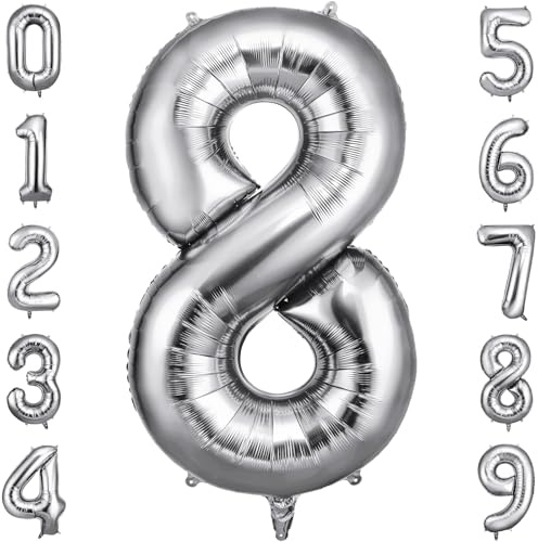 OFFCUP Palloncino Numero 8 Argento Gigante 40 Pollici Foil per Compleanno | Gonfiabile ad elio, circa 100 cm, in alluminio foil, decorazione per feste compleanno matrimonio anniversario baby shower
