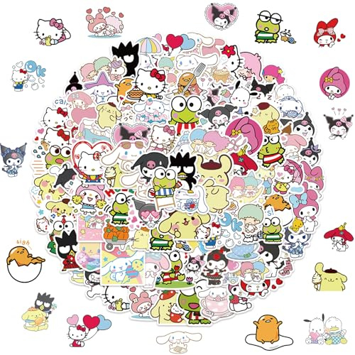100pcs Sanrio Cartoon Stickers, Kawaii Hello Kitty Kuromi Mymelody Waterproof Vinyl Decal for Teen Kids Girl Adult Laptop, Travel Case, Phone, Bike, Water Bottle, Guitar, Computer, Skateboard