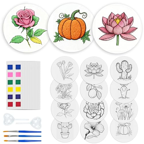 Reofrey 24Pcs Magic Puffy Paint Kits - 12 Patterns 3D Foam Texture Painting Kit with 3 Painting Pens, 2 Droppers, 12 Acrylic Paint Cards, Drawing Magic Canvas Sponge - DIY Handmade Gift (Flowers)
