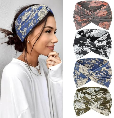 Kavya Headbands for Women's Hair Hair Bands 4-Pack – Wide Thin Elastic Boho Tie Dye Knotted Head Band Vintage Hairband for sports, Yoga, Makeup, Spa & Fashion Accessories (Pink)