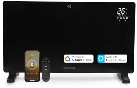 Olsen & Smith 2500W Smart Glass Panel Heater Electric Radiator with WiFi App Control, Wall Mounted or Freestanding, Thermostat & Timer, Energy Efficient Home Heating (Black)